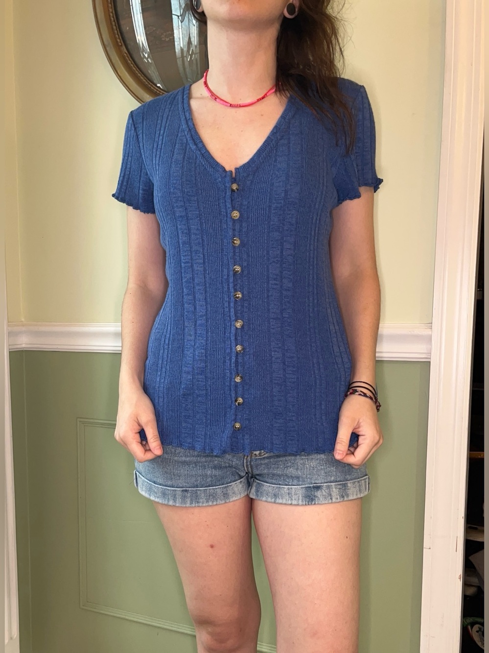 Kohls button blue short sleeve sweater top